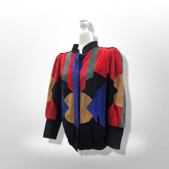 Suede Abstract Mosaic Color Block Rainbow Dolman … - image 5
