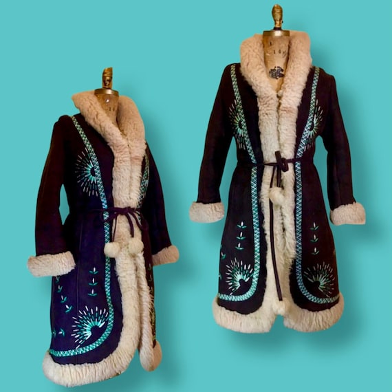 Vintage Coat- 70s Afghan Embroidered Turquoise Bl… - image 2