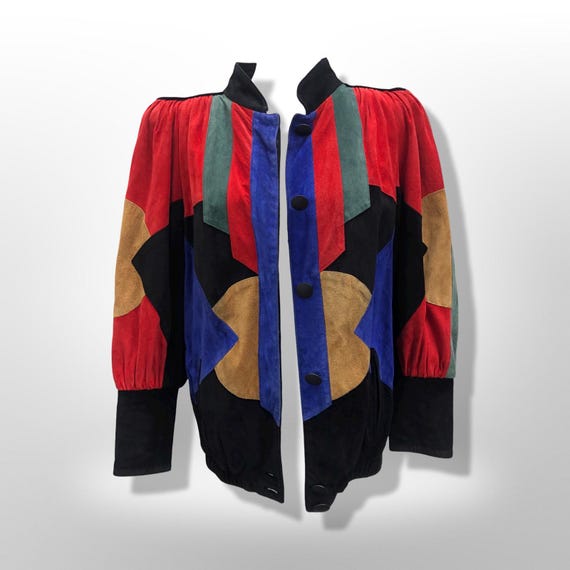 Suede Abstract Mosaic Color Block Rainbow Dolman … - image 2