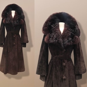 Vintage Couture Brown Suede Coat with Genuine Fur Collar Puff Sleeve Heavy Duty
