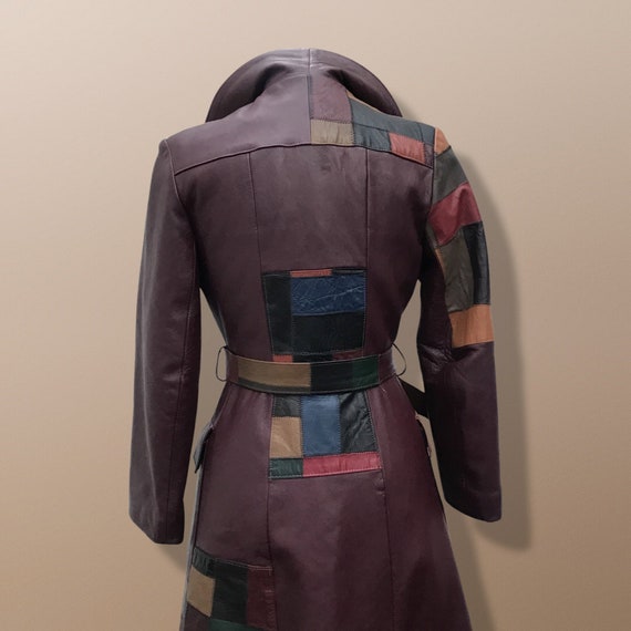 70s Leather Coat l Maroon Patchwork Fit Flare Tre… - image 8