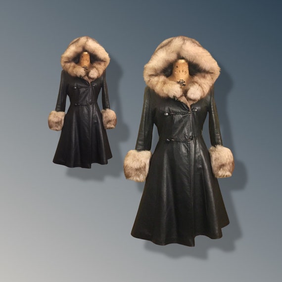 Vintage 70’s Leather Coat with Fox Fur Hood and C… - image 2