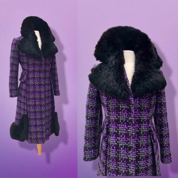 60’s Plaid Purple Woven Wool Coat with Genuine Fur Peplum and Collar