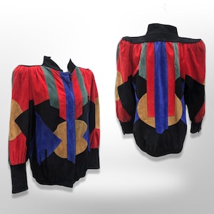 Giacca in pelle scamosciata con mosaico astratto, blocchi di colore arcobaleno, maniche a pipistrello, patchwork moderno in stile Picasso.