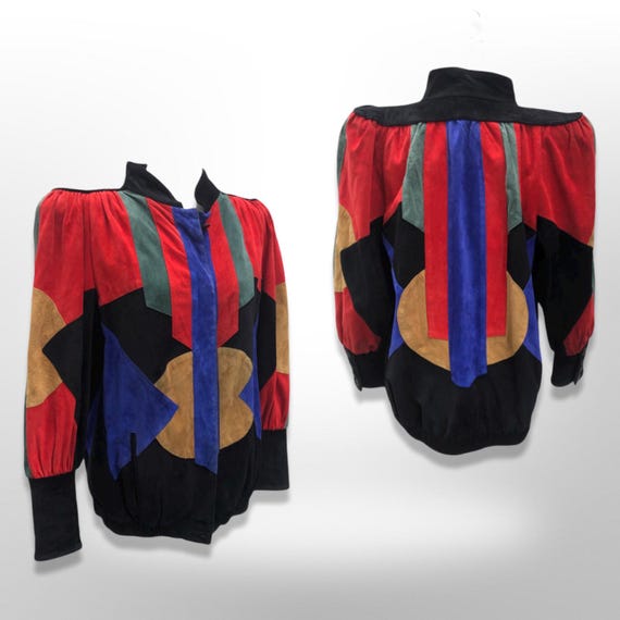 Suede Abstract Mosaic Color Block Rainbow Dolman … - image 1