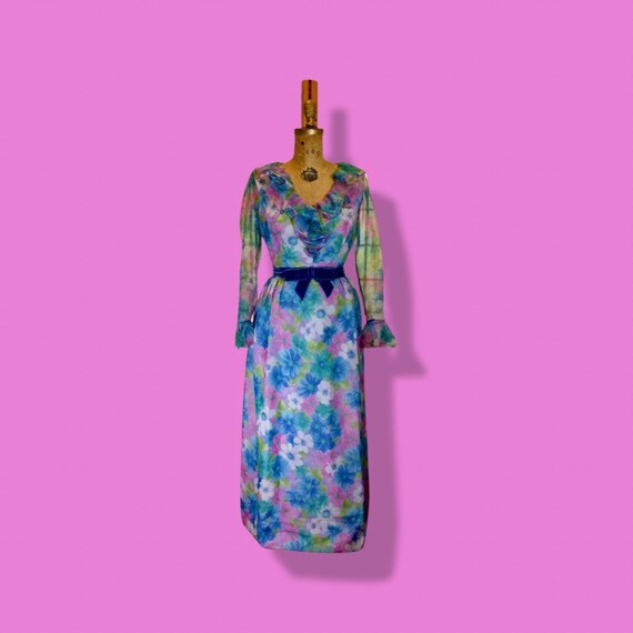 60s Floral Maxi Dress Pastel Spring Velvet Bow Ja… - image 7