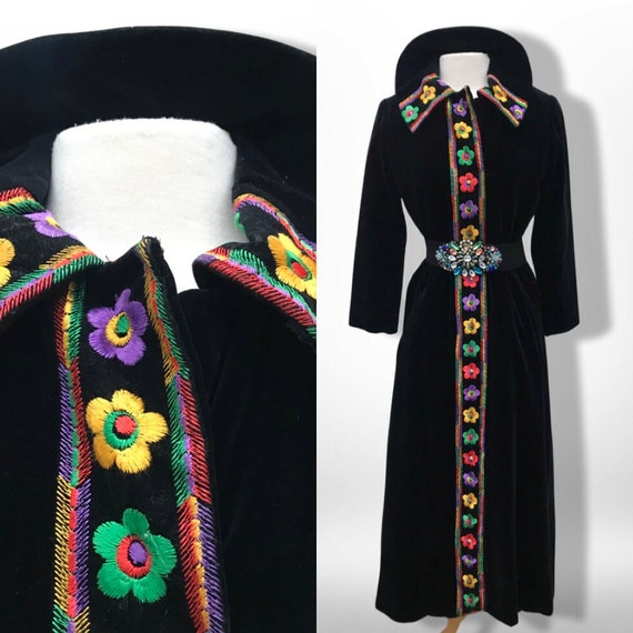 60’s 70’s Black Velvet Floral Embroidered Full Le… - image 2