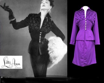 40’s LIlli Ann Documented Vintage Purple Suit Mint Rhinestone Purple Fit and Flared Two Piece Set Crystals 60% Cashmere