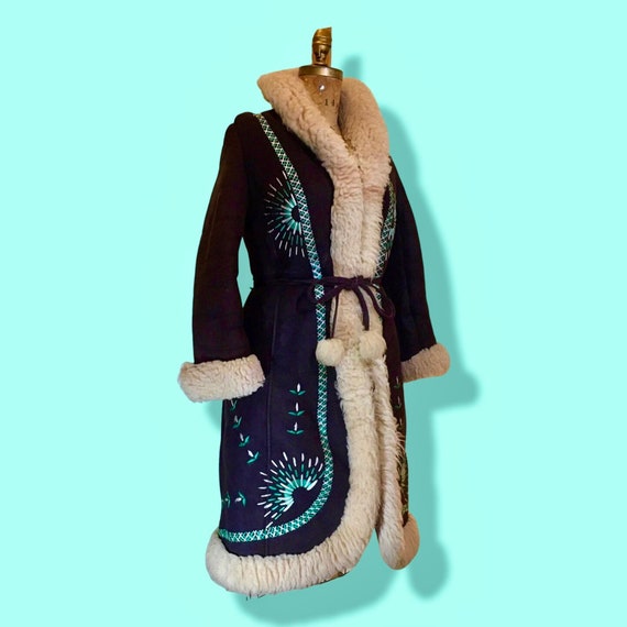 Vintage Coat- 70s Afghan Embroidered Turquoise Bl… - image 7