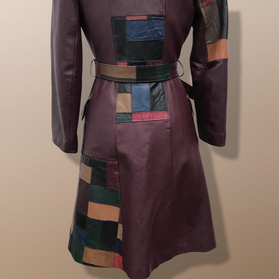 70s Leather Coat l Maroon Patchwork Fit Flare Tre… - image 7