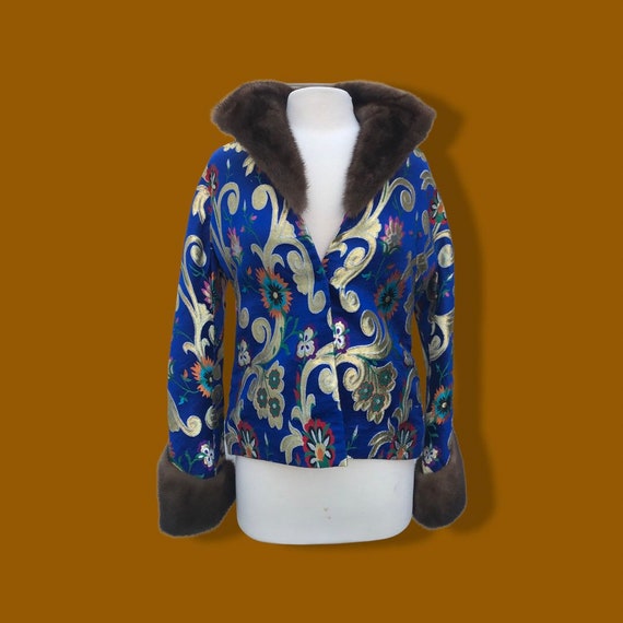 2000’s Brocade Silk Mahogany Mink Jacket Royal Bl… - image 2