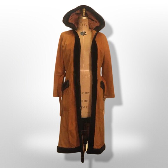 70s Vintage Coat Suede Shearling Hooded Fit Flare… - image 9