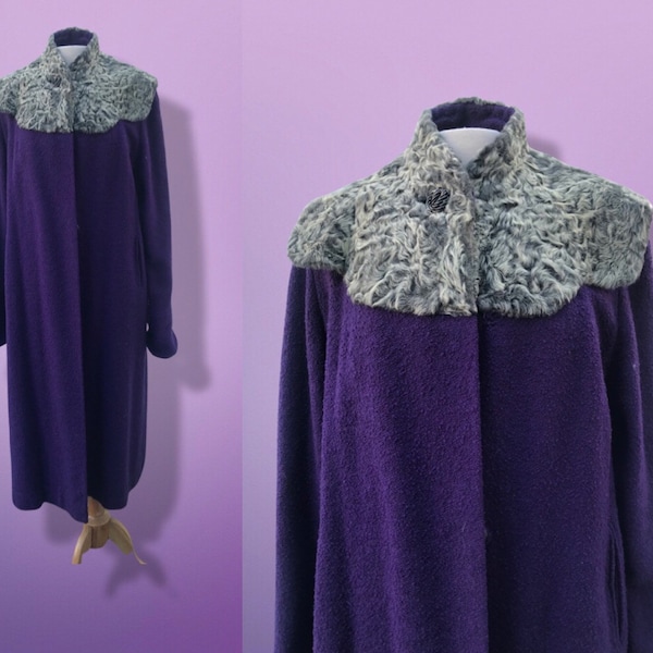 Vintage Coat 40’s 50’s Rich Purple Long Boucle Coat with Curly Lamb Fur