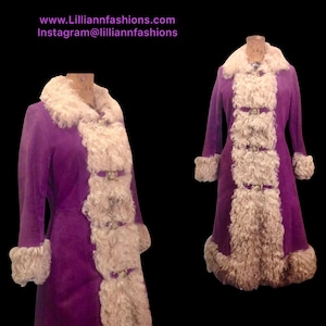 Royal Purple Suede and Hippie Chic  Genuine Mongolian Curly Afghan  Lamb Shearling 70&#39;s Coat Vintage Penny Lane Almost Famous  Style