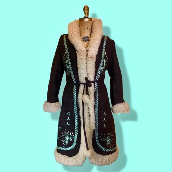 Vintage Coat- 70s Afghan Embroidered Turquoise Bl… - image 4