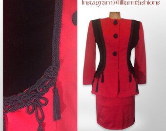 80s Dress Suit Glam Victor Costa Satin and Velvet "Raise the Red Lantern" Skirt Power Suit XS/S