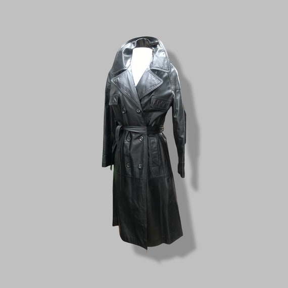 70’s Vintage Black Leather Trench Coat Spy Montgo… - image 3