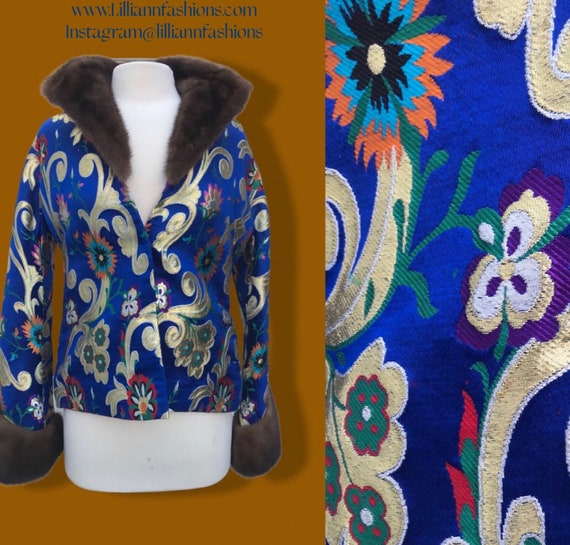 2000’s Brocade Silk Mahogany Mink Jacket Royal Bl… - image 1