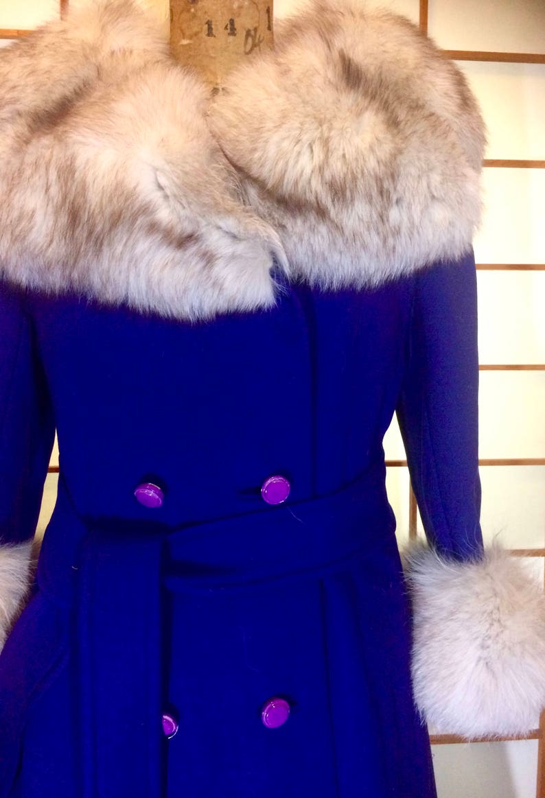 Steve Forstmann Deep Royal Purple Mod Vtg Vintage 60s Massive Fox Fur Collar M/L Coat Princess Russian 