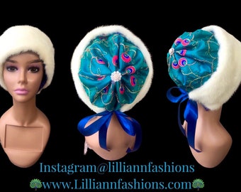 Mink Himalayan Hat Raw Peacock Embroidered Silk Nepal Tibet Gift for Her Birthday Christmas Holiday Blonde Mink