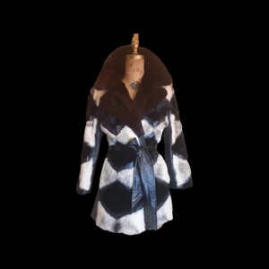 Vintage Women's Coat Mod Dramatic 60s Cross Mink White Black Leather Mosaic Geometric Princess Jacket Coat image 9