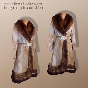 Vintage Suede Women&#39;s Coat- Marbelized Suede Leather Fur Trim Belted Princess Chic Boho Russian Princess Mod Hippy