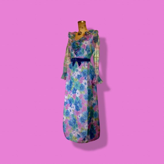 60s Floral Maxi Dress Pastel Spring Velvet Bow Ja… - image 3