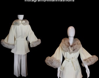 60 Mod White Lilli Ann Pant Suit Set Cape Sleeve Silver Norwegian Fox Fur Wedding Christmas Event