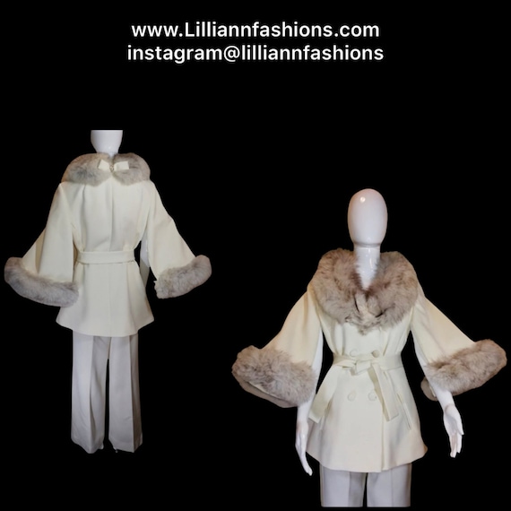 60 Mod White Lilli Ann Pant Suit Set Cape Sleeve … - image 1