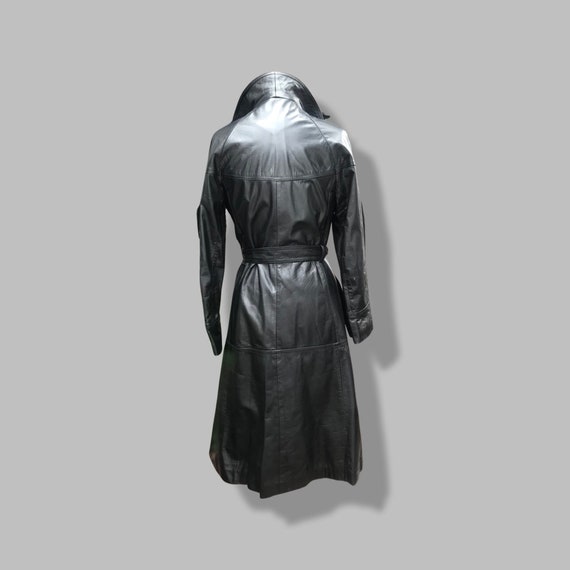 70’s Vintage Black Leather Trench Coat Spy Montgo… - image 2