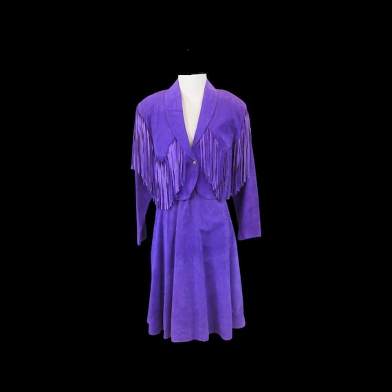 80’s Purple Suede Fringe Jacket and Skirt Set Cow… - image 4