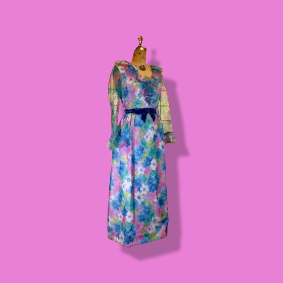 60s Floral Maxi Dress Pastel Spring Velvet Bow Ja… - image 5