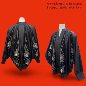 Vintage Glam 80’s Couture Neiman Marcus Leather Dolman Batwing Cocoon Black Leather Suede Hand Beaded Sequined Jacket Studio 54  Iman Style