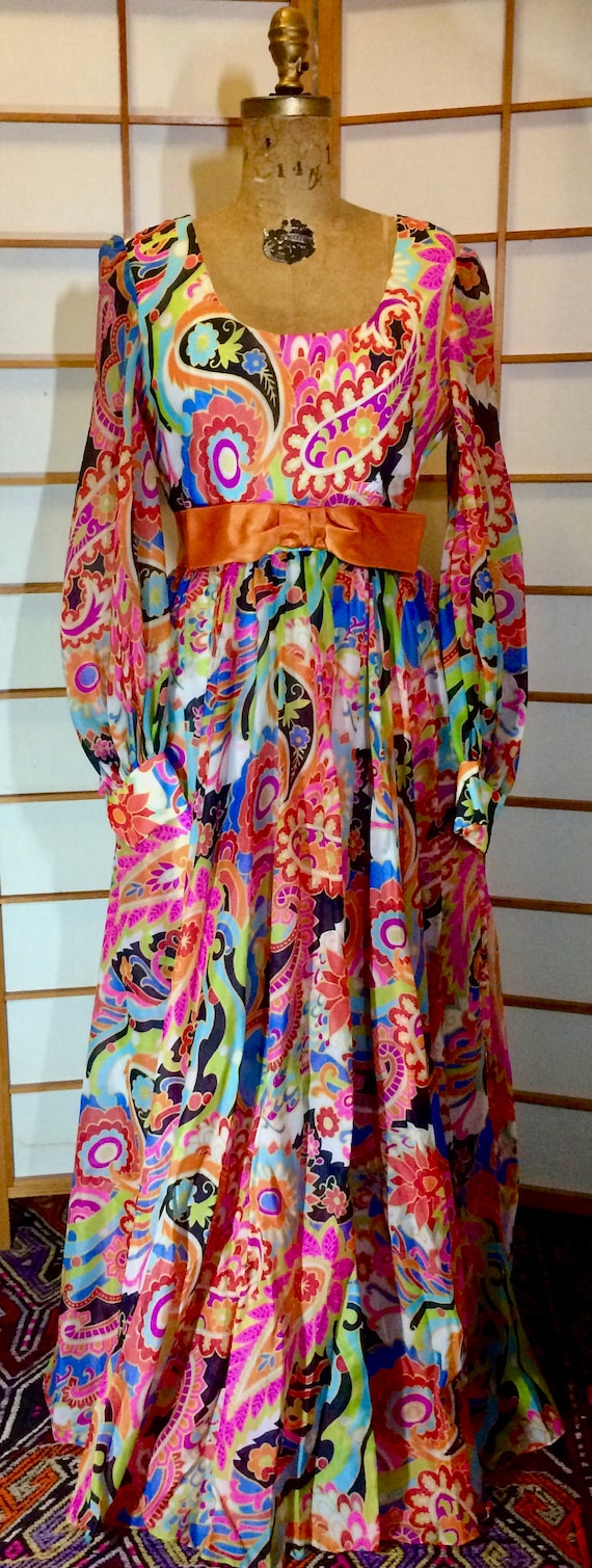 Vintage 70s Dress Maxi High Waisted Rainbow Paisle