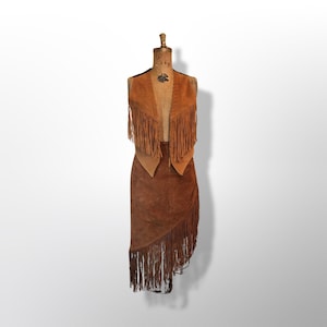 70s Vintage Suede Fringe Skirt Vest Asymmetrical Set Rust Color Brown Copper Gold Southwestern Hippy Mexican Cowgirl S