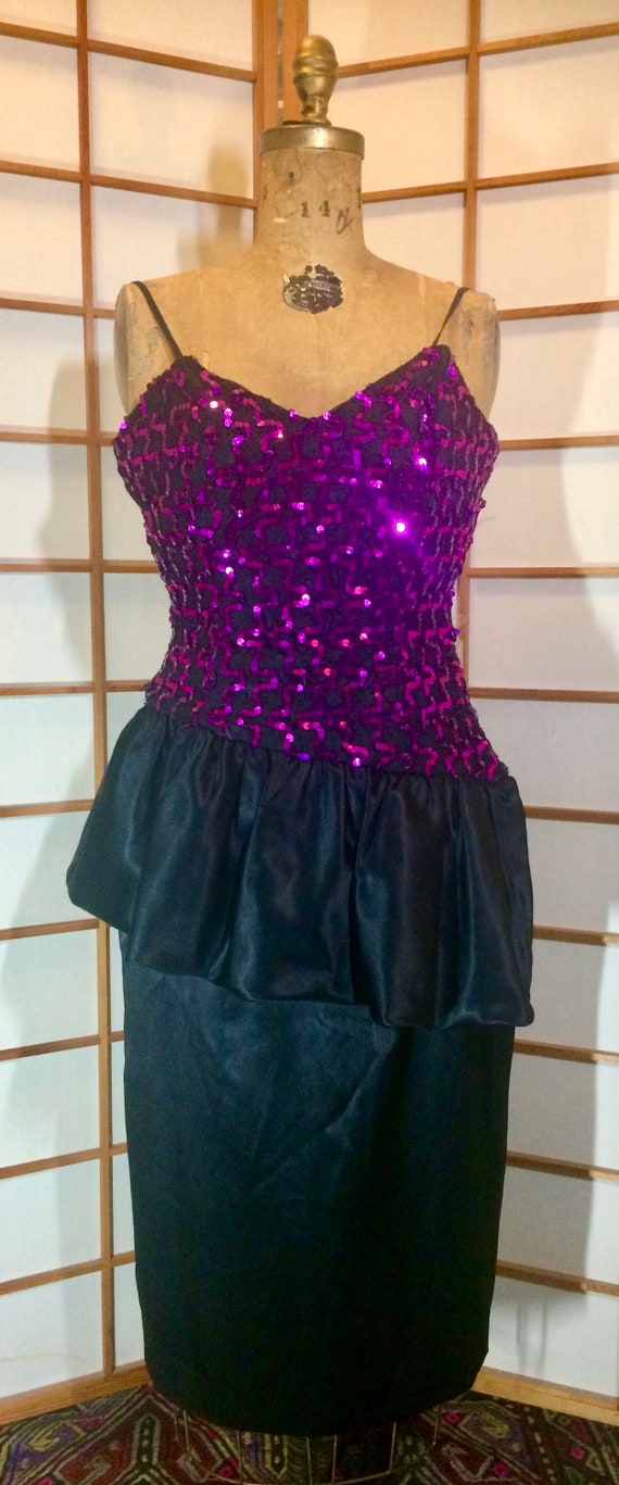 80s Dress Does 40s Peplum Sequin Dress Magenta and