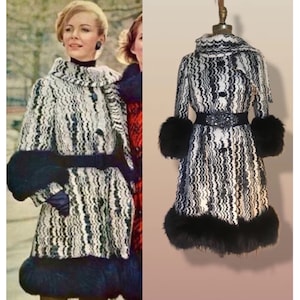 60s Lilli Ann Mod Fox Fur Black White Thick Wool Knit Warm Princess Coat Small Built in Scarf Collectible