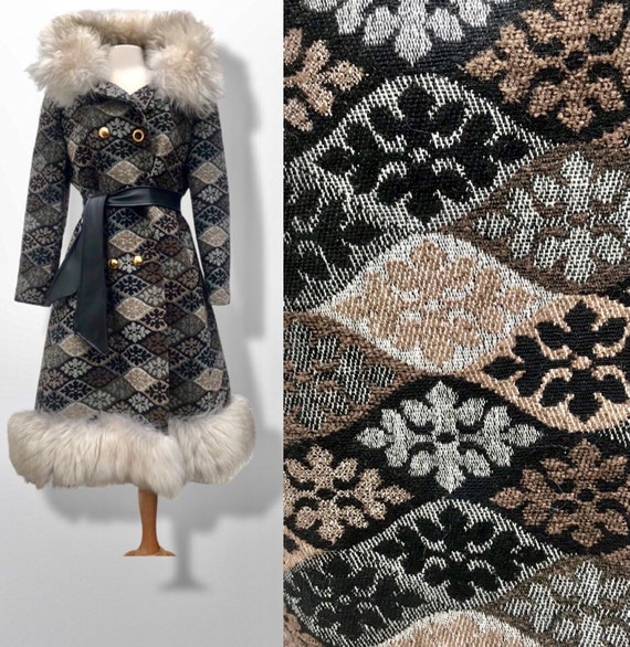 Vintage Tapestry Coat 60s Mink Fur Collar Tapestry Floral Trench