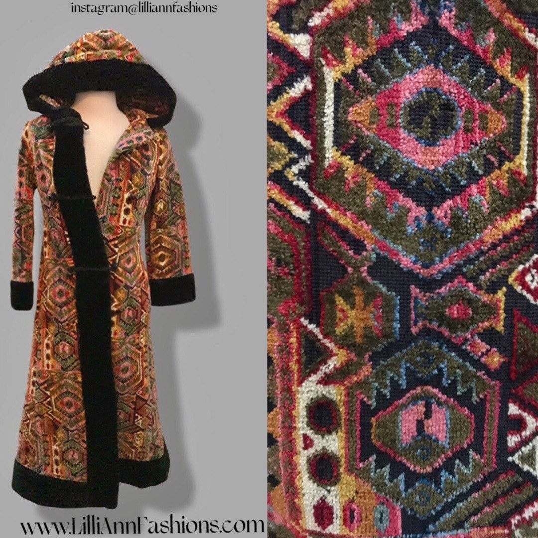 1970s Blue Shearling Carpet Coat Lamb Collar Floral Tapestry Coat