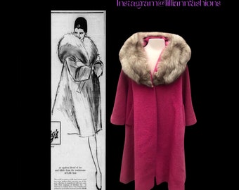 Raspberry Pink Lilli Ann Swing Coat- Massive Silver Norwegian Fox Fur 50s 60s S/M/L