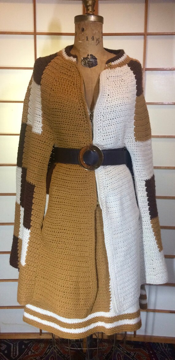 70s Knit Poncho Skirt Set- Color Block Wool Cape