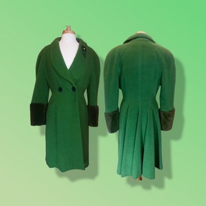 Green Wool Angora Soft Fit Flare Princess Coat New Look Made in Paris France Couture  S/M Film Noir