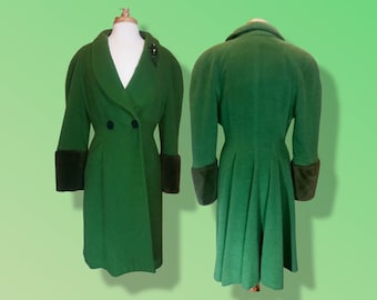 Green Wool Angora Soft Fit Flare Princess Coat New Look Made in Paris France Couture  S/M Film Noir
