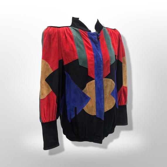 Suede Abstract Mosaic Color Block Rainbow Dolman … - image 4