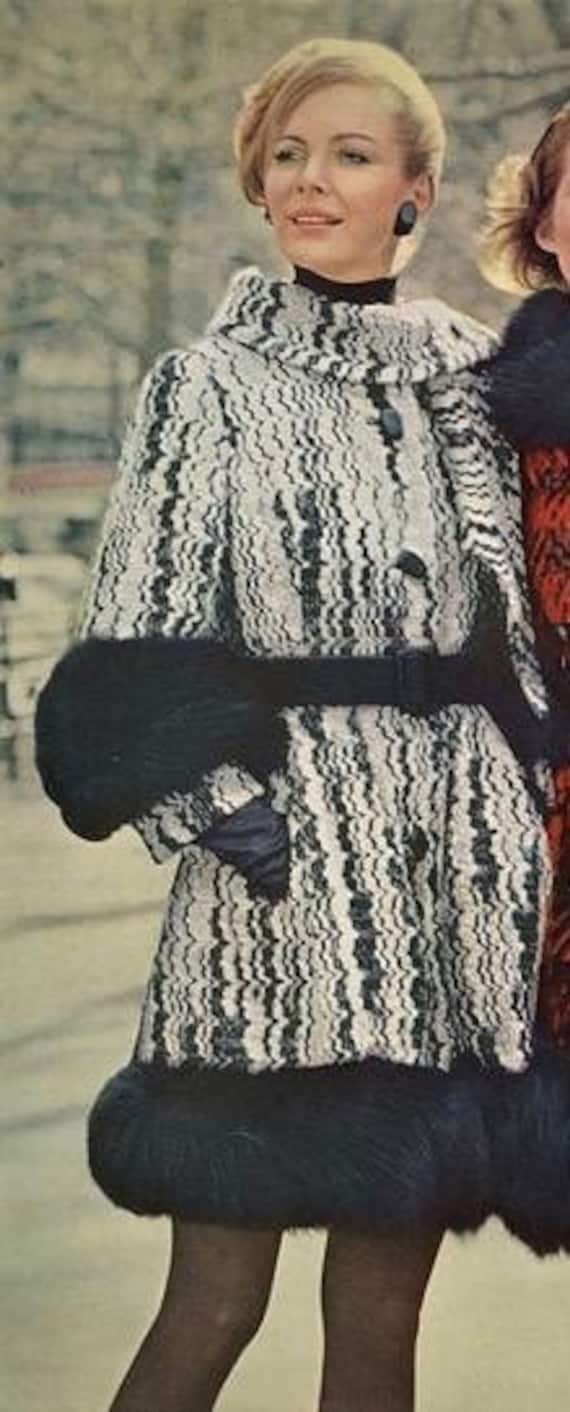 60s Lilli Ann Mod Fox Fur Black White Thick Wool K