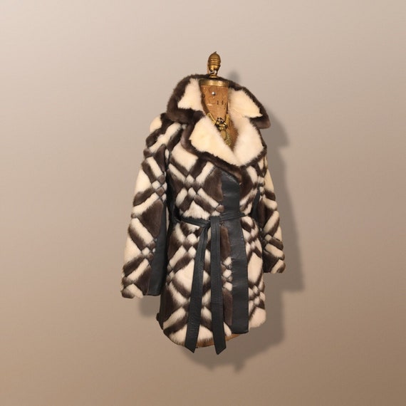 60s Mink Leather Mod Mosaic Intarsia Coat Patchwo… - image 3