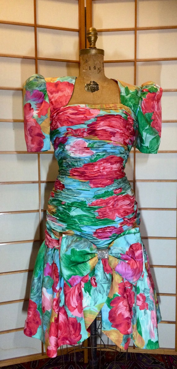 80s Does 40s Glam Ruched Floral Spring Drop Waist