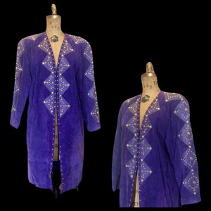 Suede Purple Studded Coat Purple Rain Prince Gold Metal Studded 80's Total Glam Long Throw Coat M/L/XL 1980s