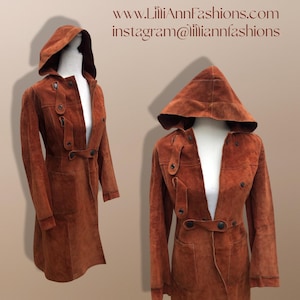 70’s Vintage Suede Hooded Orange Rust Coat Small Petite Heavy Duty Snap Closure
