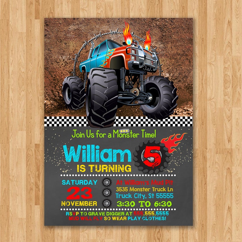 Monster Truck Birthday Invitation Chalkboard Monster Truck Etsy